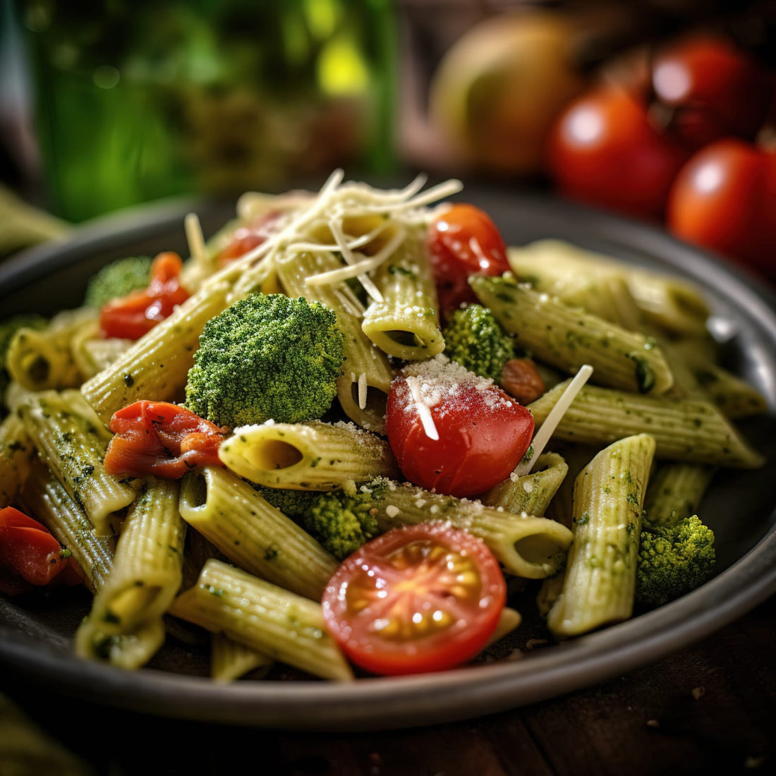 Pesto Rigatoni with cherry tomatoes