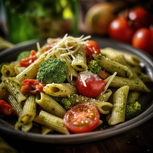 Pesto Rigatoni with cherry tomatoes
